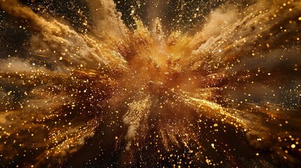 Wall Mural - A golden and copper-colored dust explosion, resembling a luxurious, sparkling celebration. The dust particles are fine and reflective, creating a glamorous, opulent effect. 