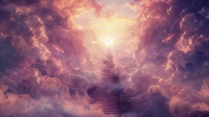 Wall Mural - stairway ascending through clouds towards a radiant.