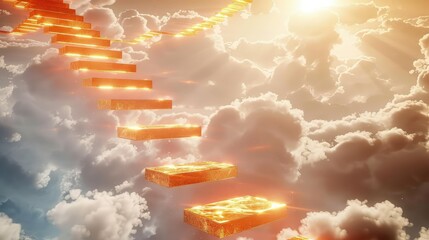 Wall Mural - A heavenly stairway, with steps appearing as floating golden platforms, surrounded by serene, white clouds and a background of radiant heavenly light. 