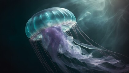 Wall Mural - Floating jellyfish depicted with flowing, transparent shapes in shades of blue and purple, against a dark background, capturing the ethereal beauty of marine life.