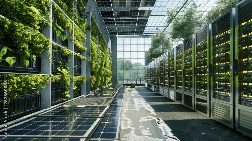 Eco-friendly data center with green walls and solar panels, integrating ...