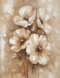 Oil painting with white lily flowers on a beige background, palette knife strokes.