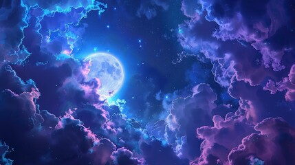 Wall Mural - A night sky with neon clouds in shades of blue and violet, creating an aura of mystery and enchantment. 