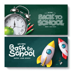 Fototapete - Back to school vector banner set. Welcome back to school greeting education lay out collection with alarm clock and rocket ship elements in chalkboard background. Vector illustration school 