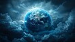 Climate Change: A 3D vector illustration of a globe surrounded by dark storm clouds and lightning