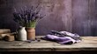 Table with lavender. Bunch of purple flowers on rustic background with copy space for business product presentation and template. Natural Wooden Boards AI generated