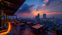 
A Vibrant Rooftop Bar Illuminated Against The Night Sky, Offering A Chic Ambiance With Stunning City Views. Guests Unwind Amidst Stylish Decor, Savoring Crafted Cocktails And Gourmet Bites, Enveloped