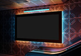 Fototapeta Panele - Futuristic panoramic billboard mockup. Cyberpunk style frame interior template. 3D rendering