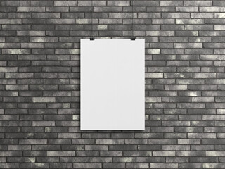 Aufkleber - Blank vertical poster hanging with clips on a brick wall Mockup. 3D rendering