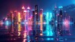 Glowing Neon Surfing: A 3D vector illustration of a city skyline at night