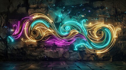 Wall Mural - An artistic neon sign resembling a swirling galaxy in shades of teal, purple, and gold, lighting up a dark room with a textured stone wall. 32k, full ultra HD, high resolution