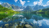 Fototapeta  - Summer mountain lake with crystal-clear water, reflecting the surrounding peaks and vibrant blue sky, presenting a tranquil and refreshing scene
