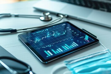 Canvas Print - A tablet with a graph on it sits on a table next to a stethoscope