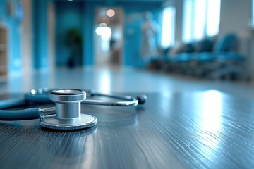 Poster - A stethoscope is on a wooden floor in a hospital