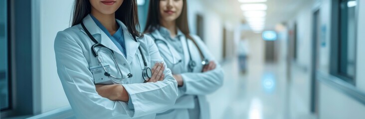 Poster - Two women in white coats stand in a hallway, one of them wearing a stethoscope