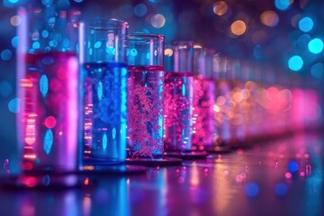 Wall Mural - A row of colorful glass beakers filled with liquid