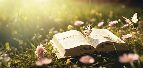 Wall Mural - Old book lying on green grass on blurred green background. Open book with spring flowers and butterflies