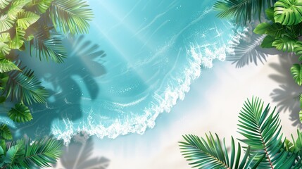 Poster - Tropical beach scene with lush palm leaves framing a crystal clear ocean shore.