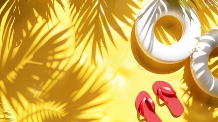 Poster - Summer vibes with swim ring, flip-flops, and palm shadow on yellow background