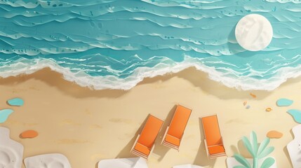 Poster - Illustration of a serene beach scene with sun loungers, ocean waves, and a bright sun