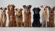 A diverse group of seven adorable dogs sitting side by side on a neutral background, looking straight at the camera with curious expressions. 