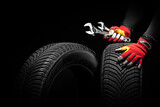 Fototapeta  - Car tire service and hands of mechanic holding new tyre and wrench on black background with copy space for text