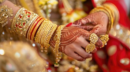 Poster - Close Up photography hand pose of Indian bride wearing wedding dress and elegant jewellery. Fictional Character Created by Generative AI.