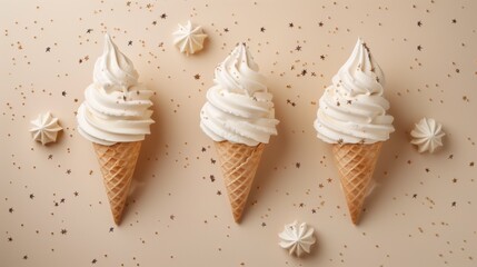 Sticker - Three soft serve ice cream cones with meringues and golden sprinkles on beige