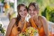 © shelbys - Two young ladies dressed in beautiful, brightly colored dresses, standing together and smiling for a group photo in a park.  Fictional Character Created by Generative AI.