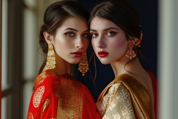 Wall Mural -  Two women wearing traditional Indian saree, an elegant and culturally significant piece of clothing. Fictional Character Created by Generative AI.