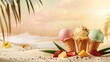 © Natalia - Three colorful ice cream cones nestled in beach sand with tropical fruits and sunset.