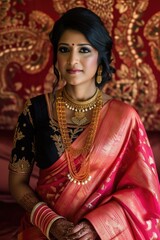 Poster -  Attractive Indian bride photo in traditional red and golden wedding dress and elegant jewelry. Fictional Character Created by Generative AI.
