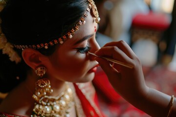 Wall Mural -  a Beautiful Indian Bride Getting Ready for Her Wedding by Makeup Artist. Fictional Character Created by Generative AI.