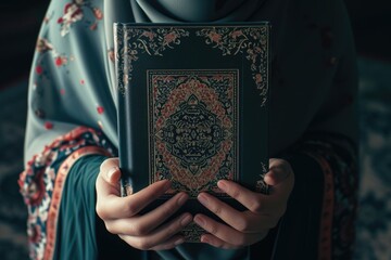 Wall Mural - A Female Holding Holy Book (Quran) in Traditional Arabic Clothing During Ramadan, Crop Image. Fictional Character Created by Generative AI.