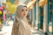 Eid Mubarak Islamic Festival Banner with a stunning Arabian woman dressed in elegant hijab, walking across a city street. Fictional Character Created by Generative AI.