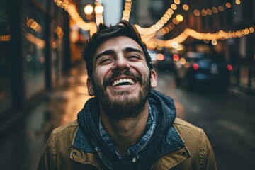 Portrait of a handsome young man laughing in a city street.