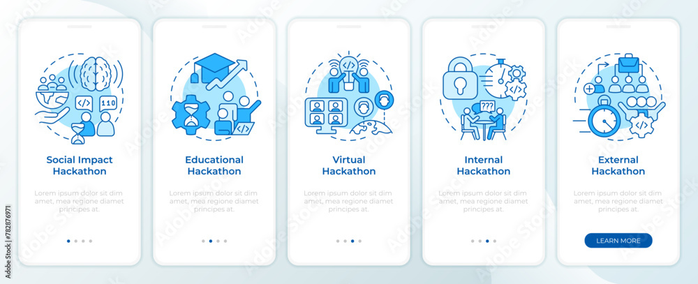Hackathon Ui Design Hackathons types blue onboarding mobile app screen. Tech events ...