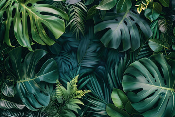 Poster - Background with tropical leaves. Created with Generative AI technology.