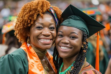 Poster - African mother and daughter are smiling and wearing graduation gowns.