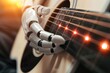 A robotic hand is playing a guitar.