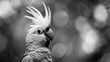 high contrast portrait, black and white, detailed, cockatiel in the wild, with empty copy space