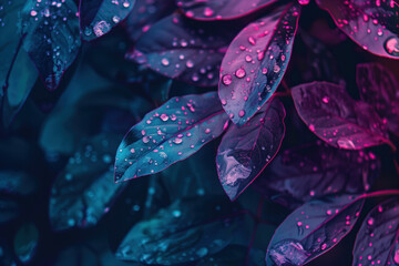 Poster - water drops on purple leaves. Floral background. Created with Generative AI technology.