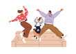Happy family jumping. Excited joyful parents and kid celebrating together. Funny mom, dad and girl child having fun, rejoicing, exulting at home. Flat vector illustration isolated on white background