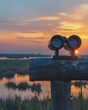 Birdwatching in wetlands, binoculars, serene, space for text, eyelevel, gentle sunrise