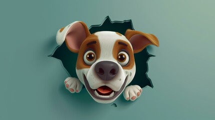 Wall Mural - Vector art character, puppy surprised, popping out of a flat design into 3D space, eyes wide, mouth agape.