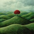 A surreal landscape with rolling green hills and a solitary red tree standing tall.