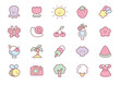 Kawaii summer icon set. Collection of cute hand drawn stickers isolated on a white background. Vector 10 EPS.
