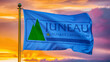 Juneau Alaska Waving Flag Against a Cloudy Sky at Sunset.