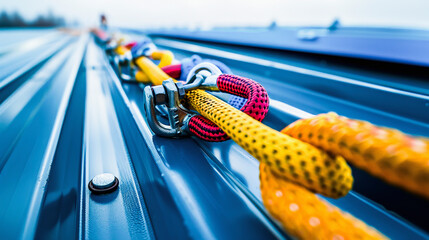 Colorful ratchet tie-down straps secured to metal hooks on a truck bed, ensuring cargo safety during transportation.