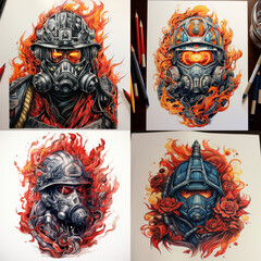 Wall Mural - Fire fighter with full helmet 3d tattoo idea